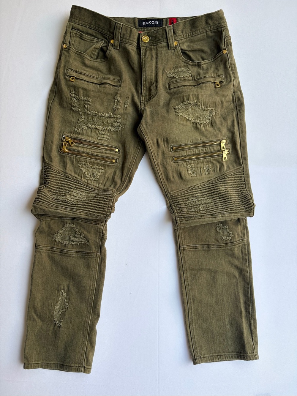 Wakobi Men's Olive Distressed Moto Pants 34x32